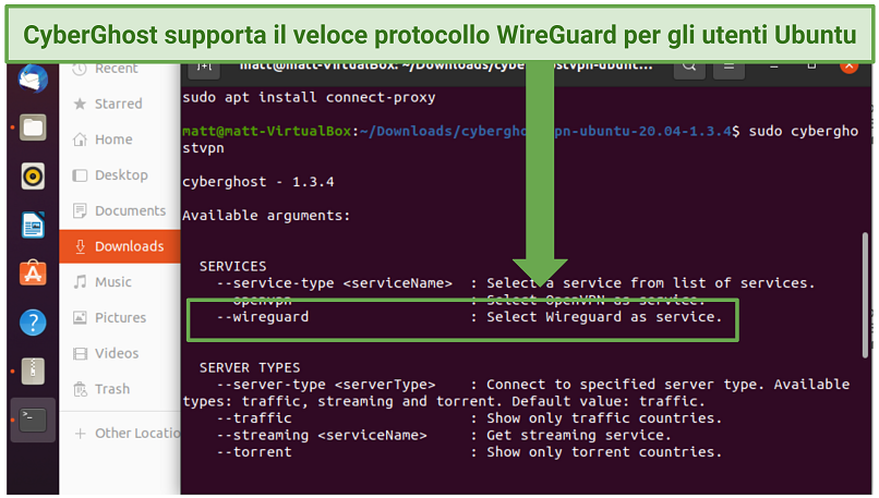 Uno screenshot che mostra CyberGhost supporta il veloce protocollo WireGuard per gli utenti Ubuntu