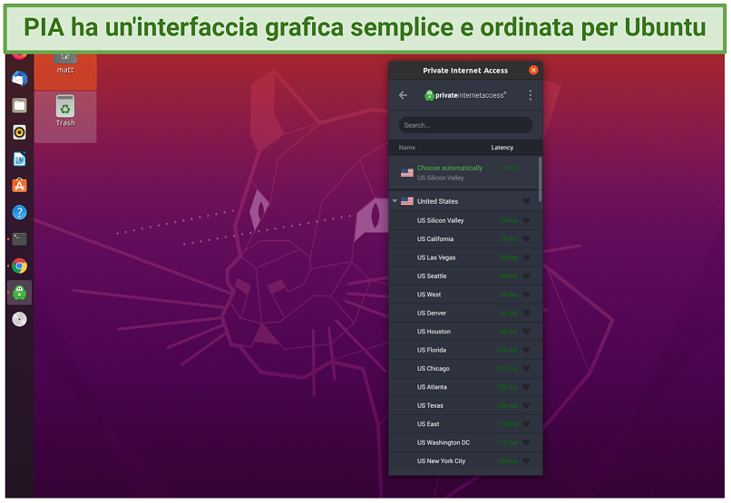 Uno screenshot che mostra PIA con un'app GUI per Ubuntu
