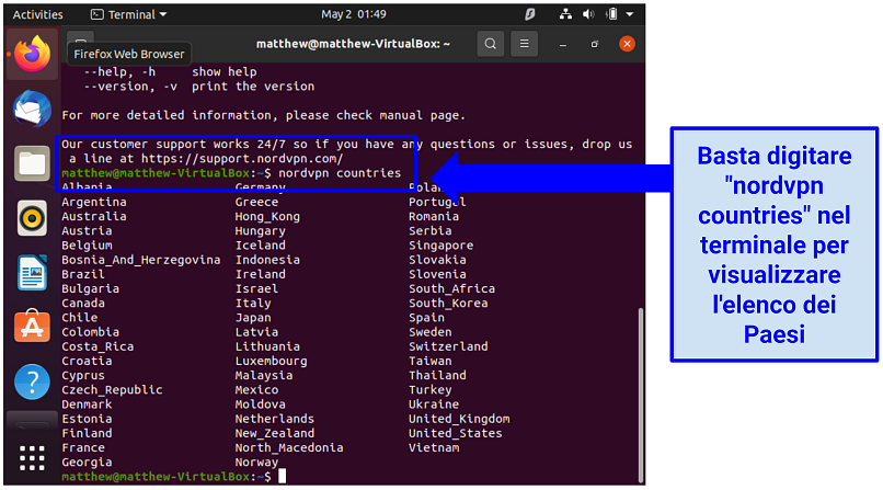 Uno screenshot che mostra il comando che visualizza l'elenco dei Paesi nell'app Ubuntu di NordVPN.