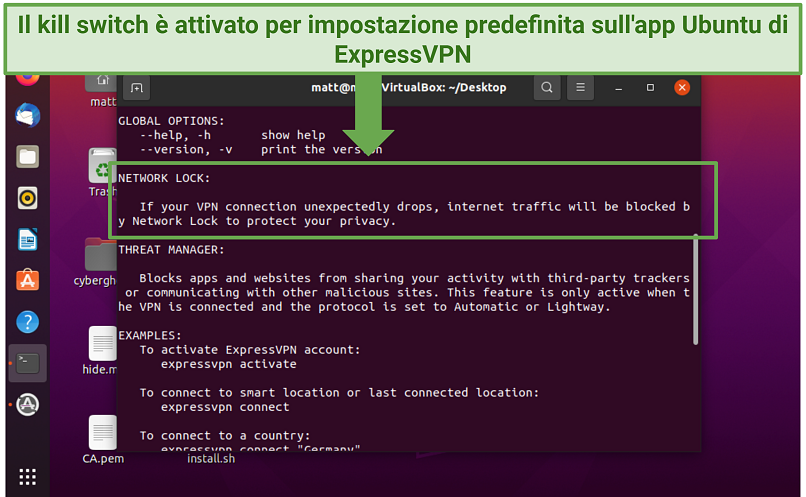 Uno screenshot che mostra che l'app Ubuntu di ExpressVPN include un kill switch (Network Lock)