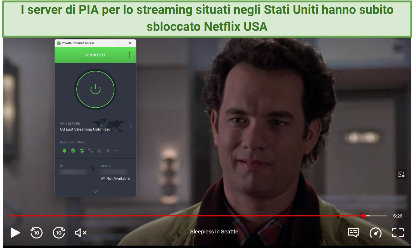 Screenshot of Netflix Player streaming Sleepless in Seattle while connected to PIA's US East Streaming Server
