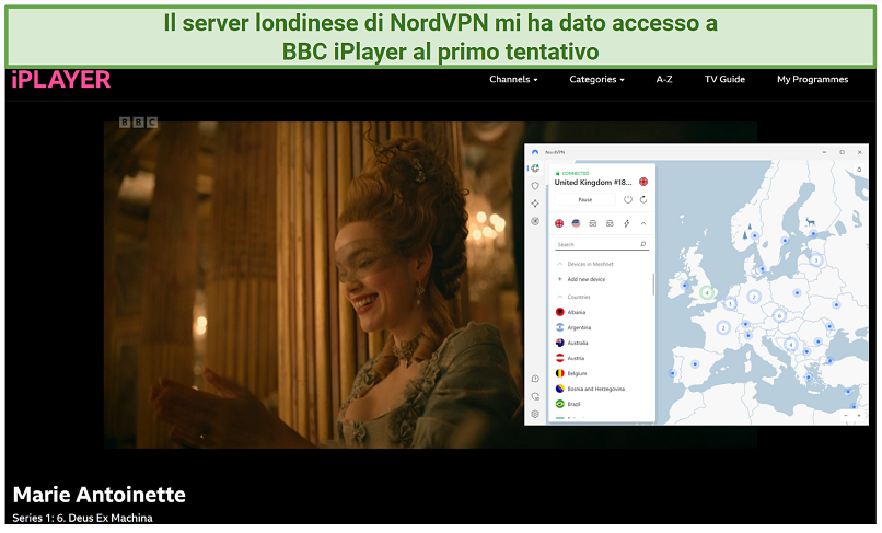A screenshot showing an episode of Marie Antoinette playing on BBC iPlayer while connected to NordVPN's London server