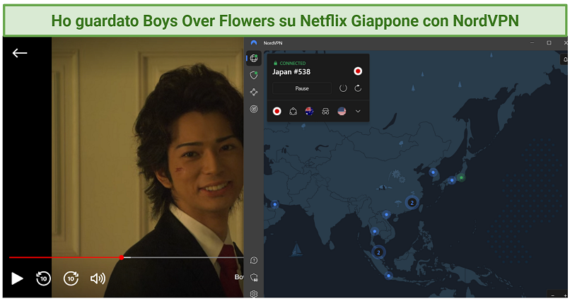 Screenshot of NordVPN accessing Netflix Japan and streaming Boys Over Flowers