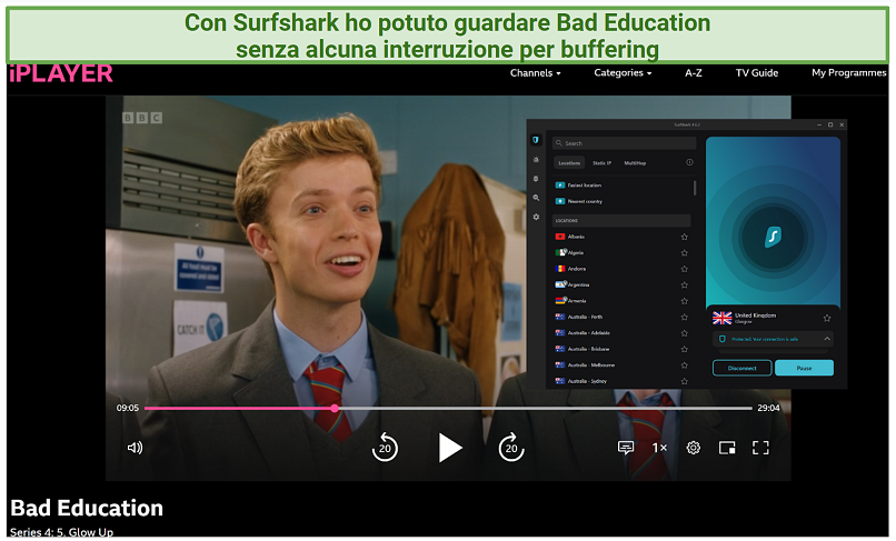 A screenshot showing an episode of Bad Education playing while connected to Surfshark's Glasgow server