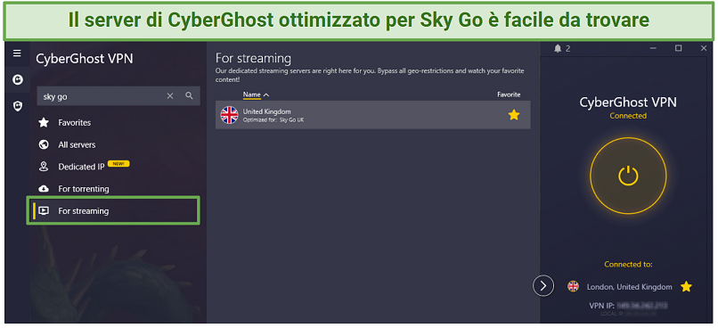 A screenshot showing CyberGhost's Sky Go optimized server in the app
