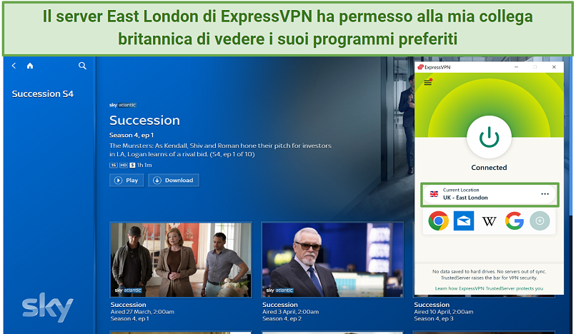 Streaming Succession on Sky Go in HD while using ExpressVPN's East London server