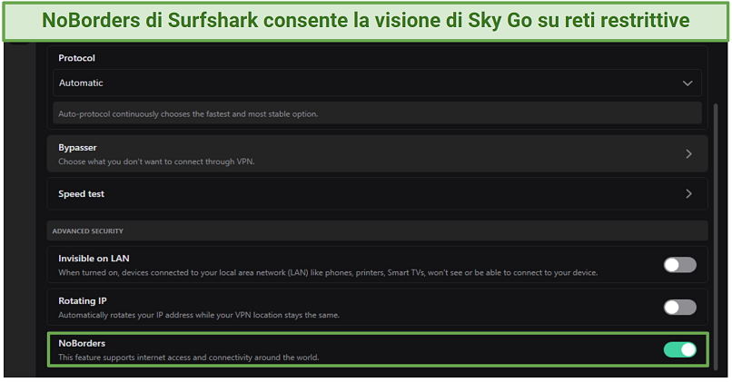A screenshot of the Surfshark app showing how to turn on the NoBorders feature
