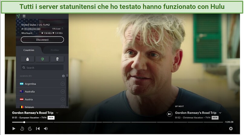 Watching Gordon Ramsay's Road Trip on Hulu using Proton VPN's Florida Server