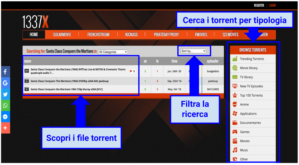 Screenshot of 1337x torrenting site showing how to find torrent files and filter your search.