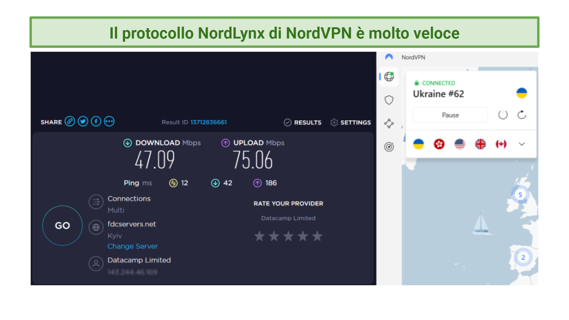 Screenshot of NordVPN speed test using NordLynx Protocol