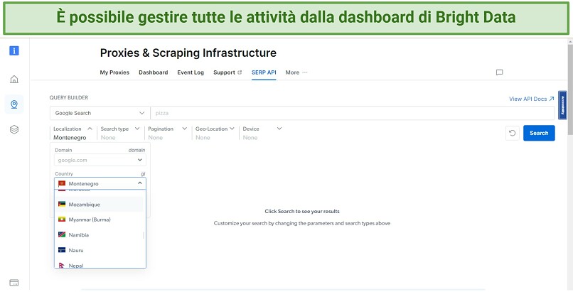 Screenshot della dashboard dell'account utente di Bright Data