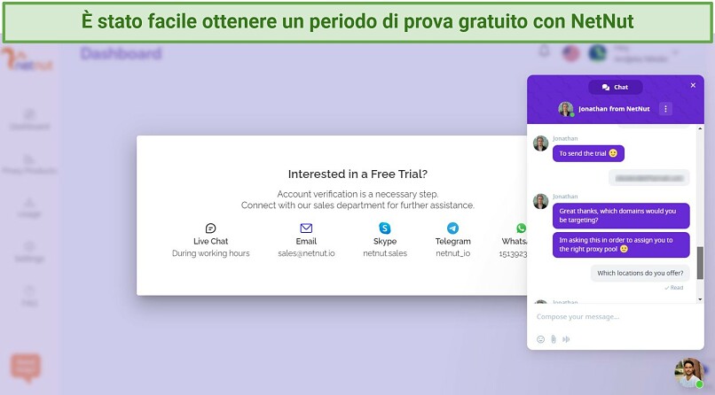 Schermata di attivazione prova gratuita di NetNut