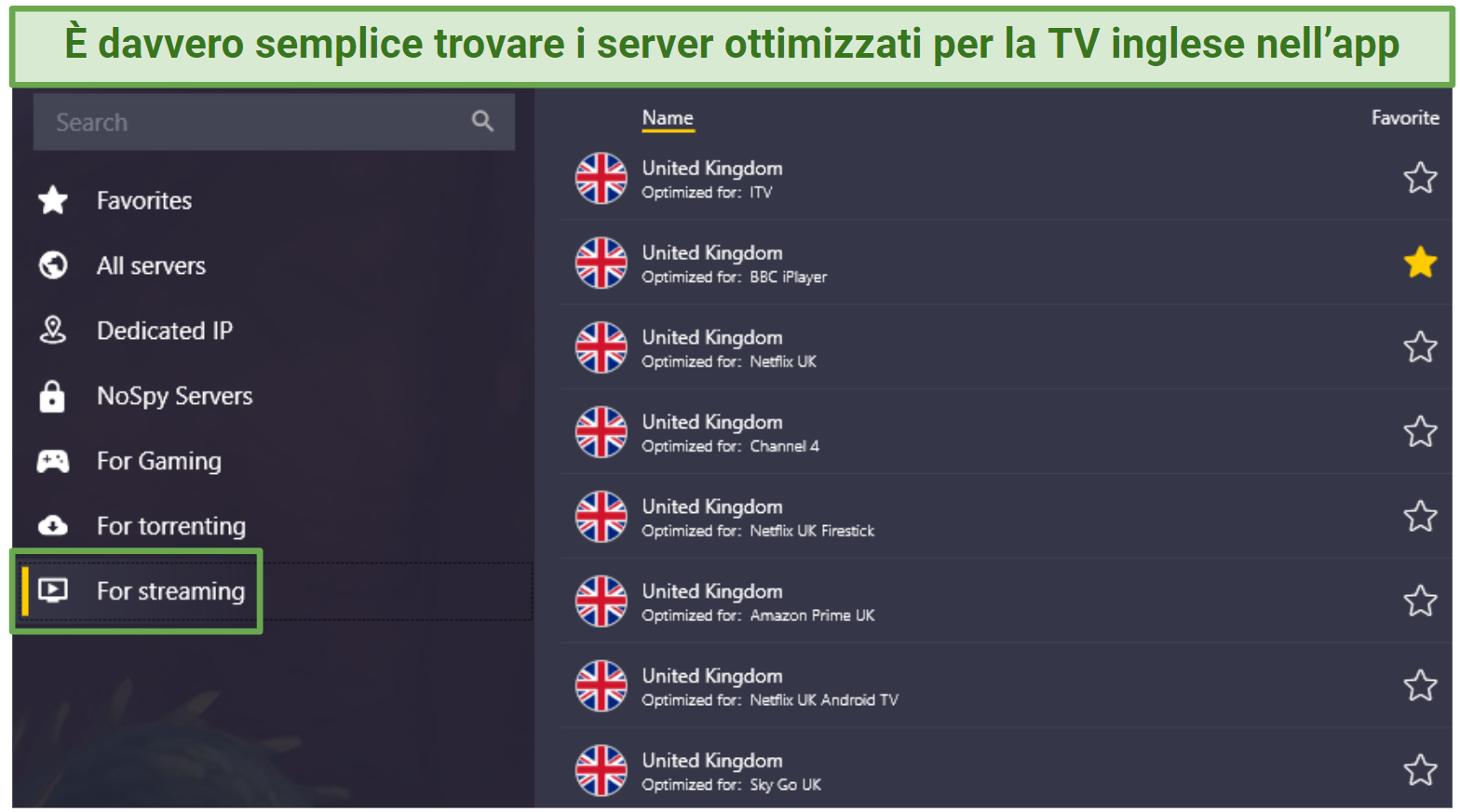 A screenshot of CyberGhost's optimized UK TV streaming servers