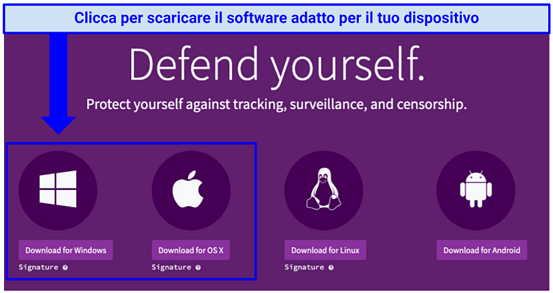 Screenshot che mostra come scaricare Tor per Mac e Windows dal sito ufficiale