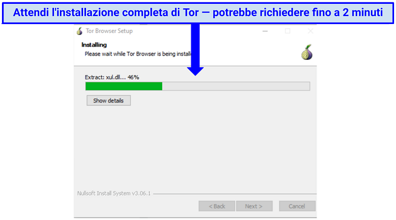 Screenshot che mostra la barra di stato del download sull'installer di Tor Browser