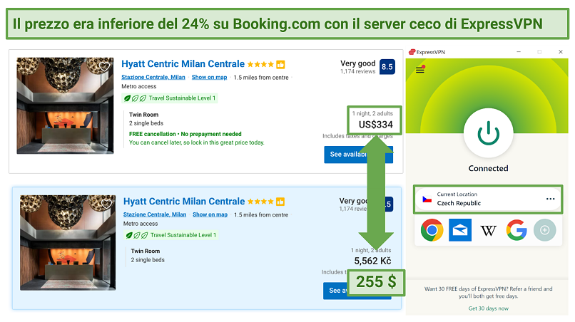 Screenshot of hotel prices on Booking.com with discounts when connected to ExpressVPN server in Czech Republic