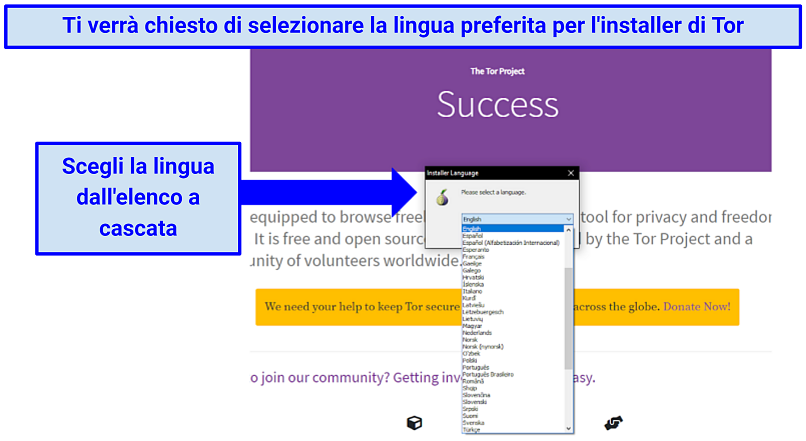 Screenshot che mostra come selezionare la tua lingua sull'installer di Tor