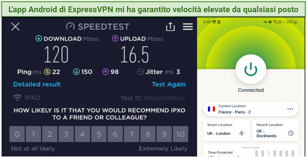 screenshot showing ExpressVPN's speed test results in Paris