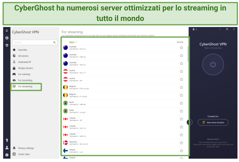 Screenshot of CyberGhost's global network of servers optimized for streaming.