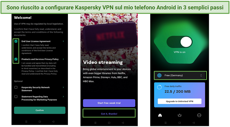 Screenshot showing how to set up Kaspersky VPN on Android
