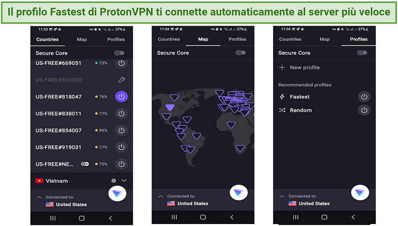 screenshot of ProtonVPN's Android app interface