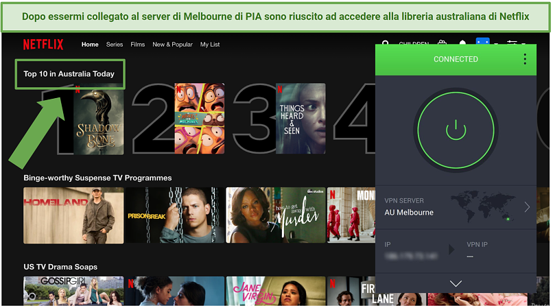 Screenshot showing Private Internet Access VPN app connected to Melbourne server while accessing Netflix Australia