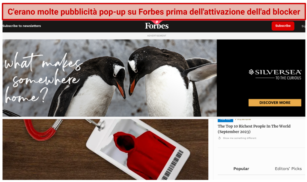 A screenshot showing the Forbes website full of banner ads before enabling Surfshark's ad blocker on its Chrome extension