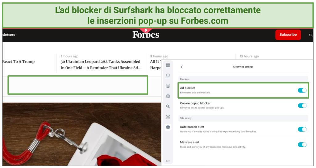 A screenshot showing Surfshark's Chrome extension ad blocker blocking pop-up ads on Forbes