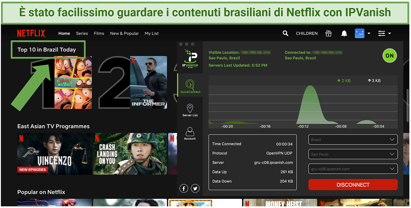 Screenshot showing Netflix Brazil being accessed while connected to the IPVanish app in Sao Paulo