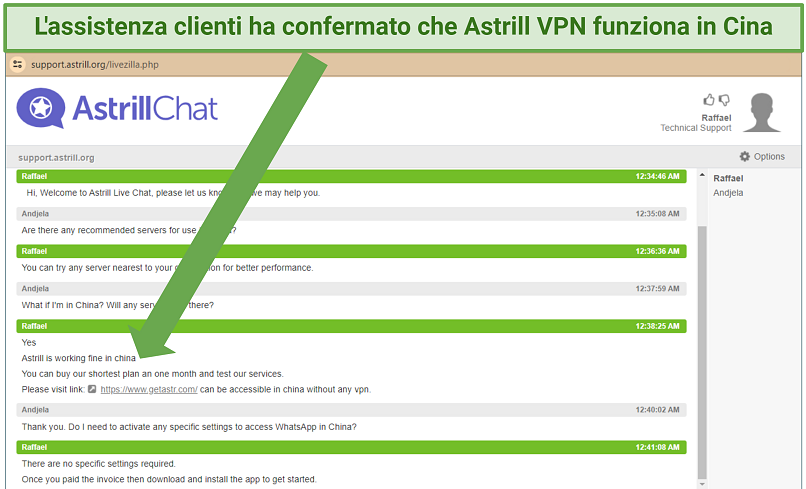 Screenshot of a conversation with Astrill VPN live chat support regarding the VPN use in China