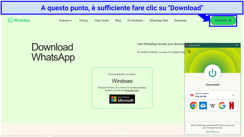 Screenshot showing the download page on WhatsApp's website while connected to ExpressVPN's 