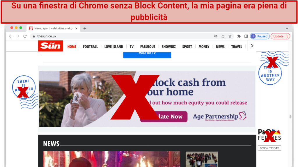 Screenshot showing 4 ads on a Chrome browser without CyberGhost's Block Content