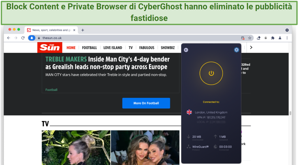 Screenshot showing an ad-free web page using CyberGhost's Block Content alongside its own Private Browser