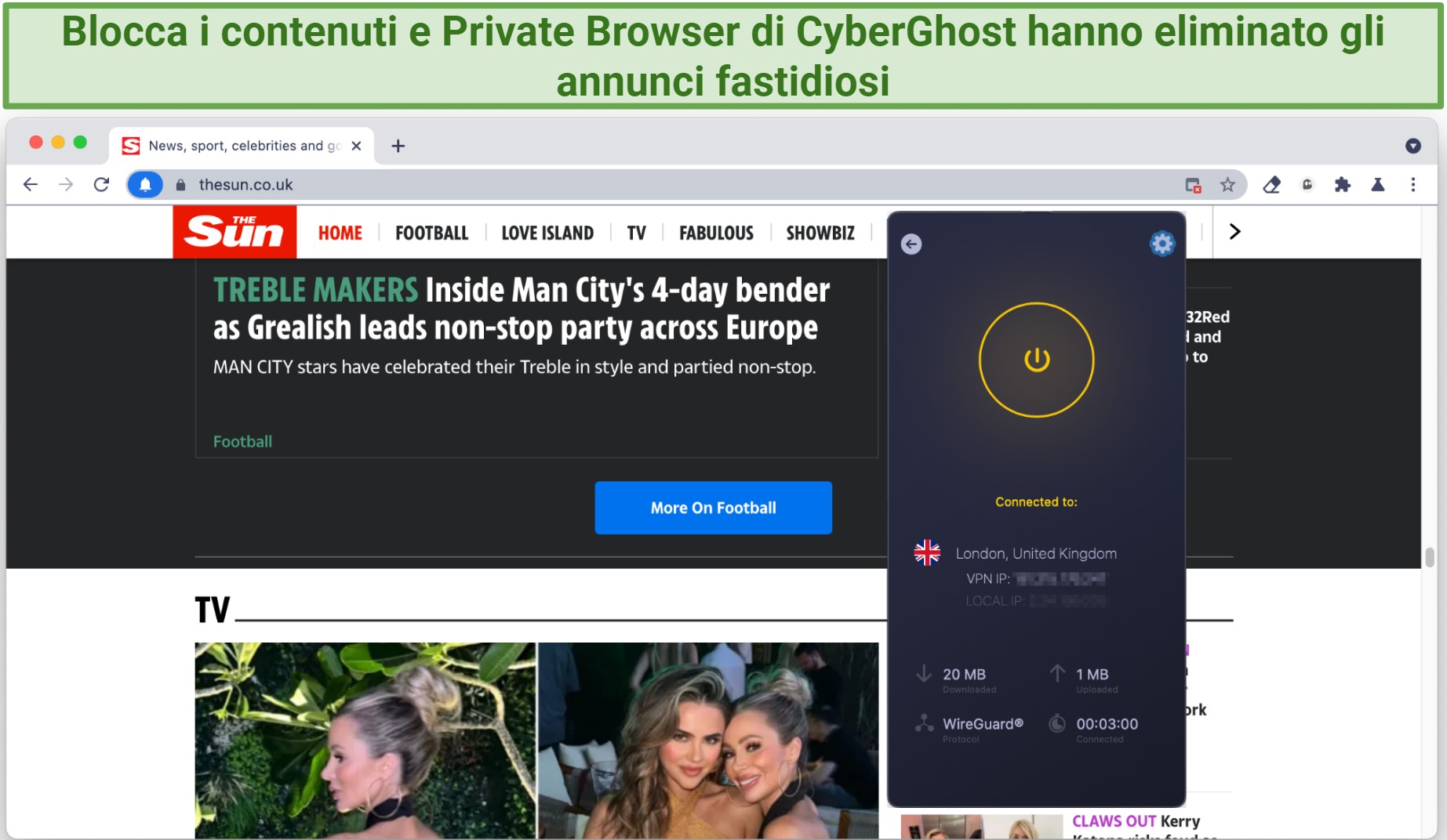 Screenshot showing an ad-free web page using CyberGhost's Block Content alongside its own Private Browser