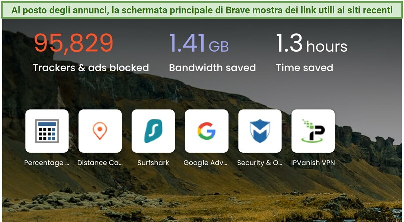 Screenshot showing the Brave browser homescreen with a summary of the number of ads blocked, and the bandwidth and time saved