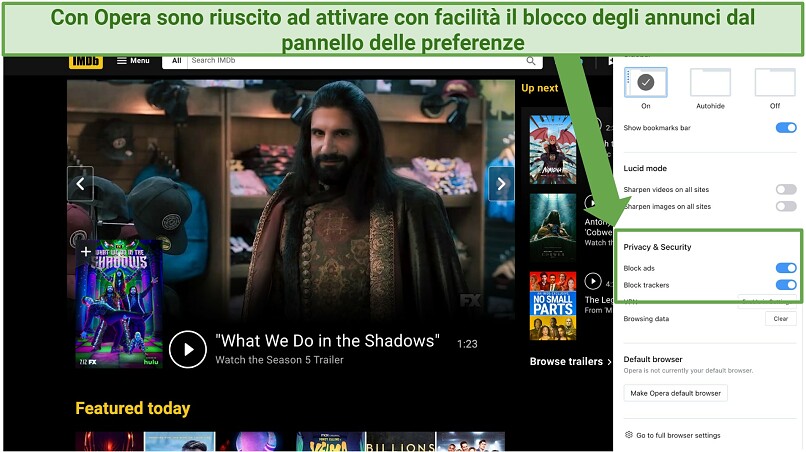 Screenshot showing how to toggle your privacy protection features on Opera browser