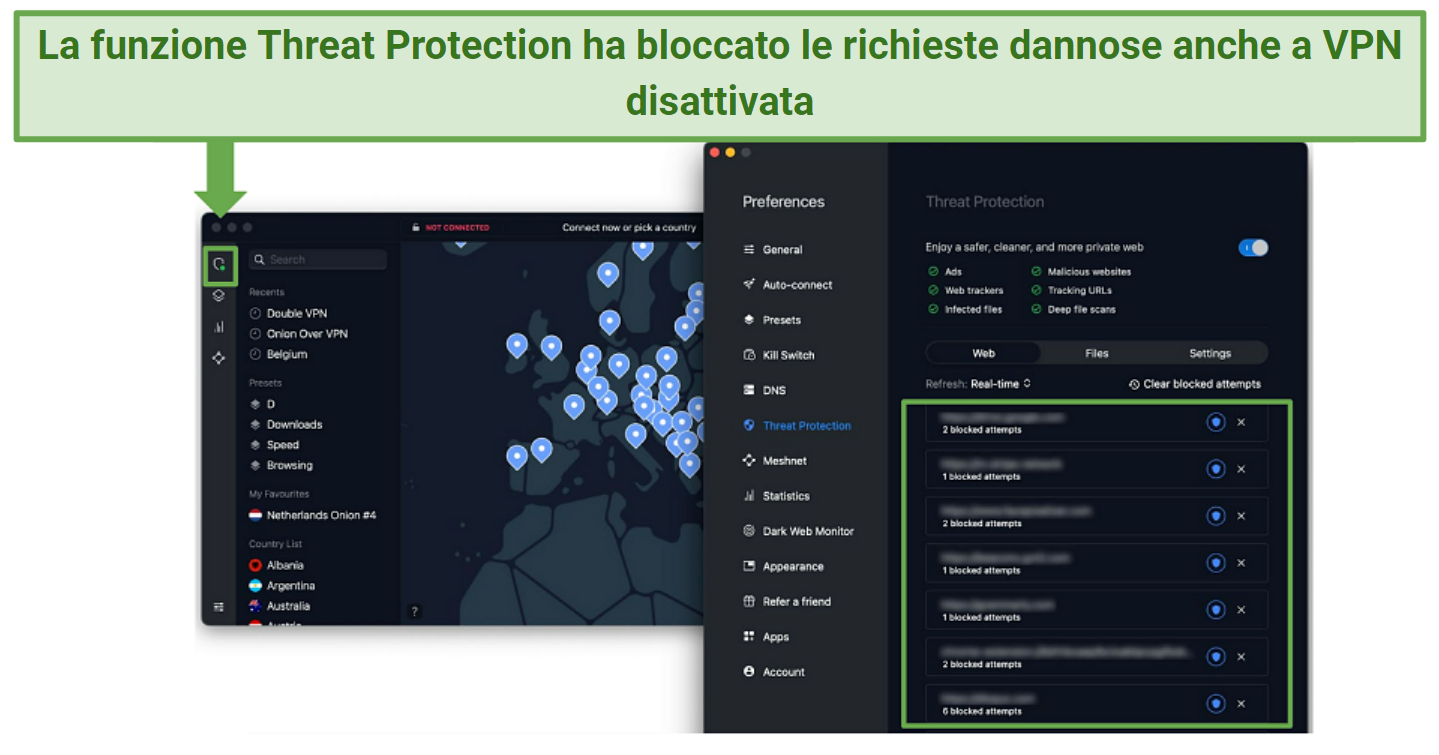 A screenshot of NordVPN's Threat Protection feature blocking trackers and malicious requests