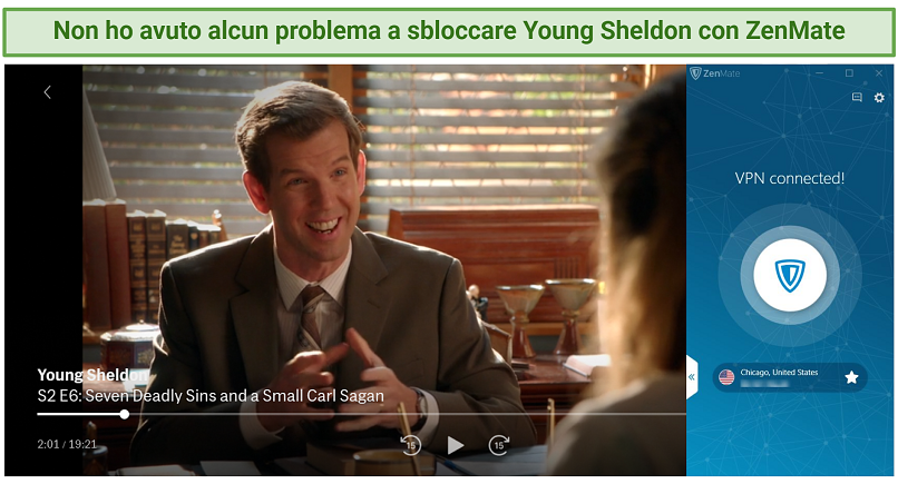A screenshot of ZenMate capable of unblocking and streaming Young Sheldon show on HBO Max in Full HD