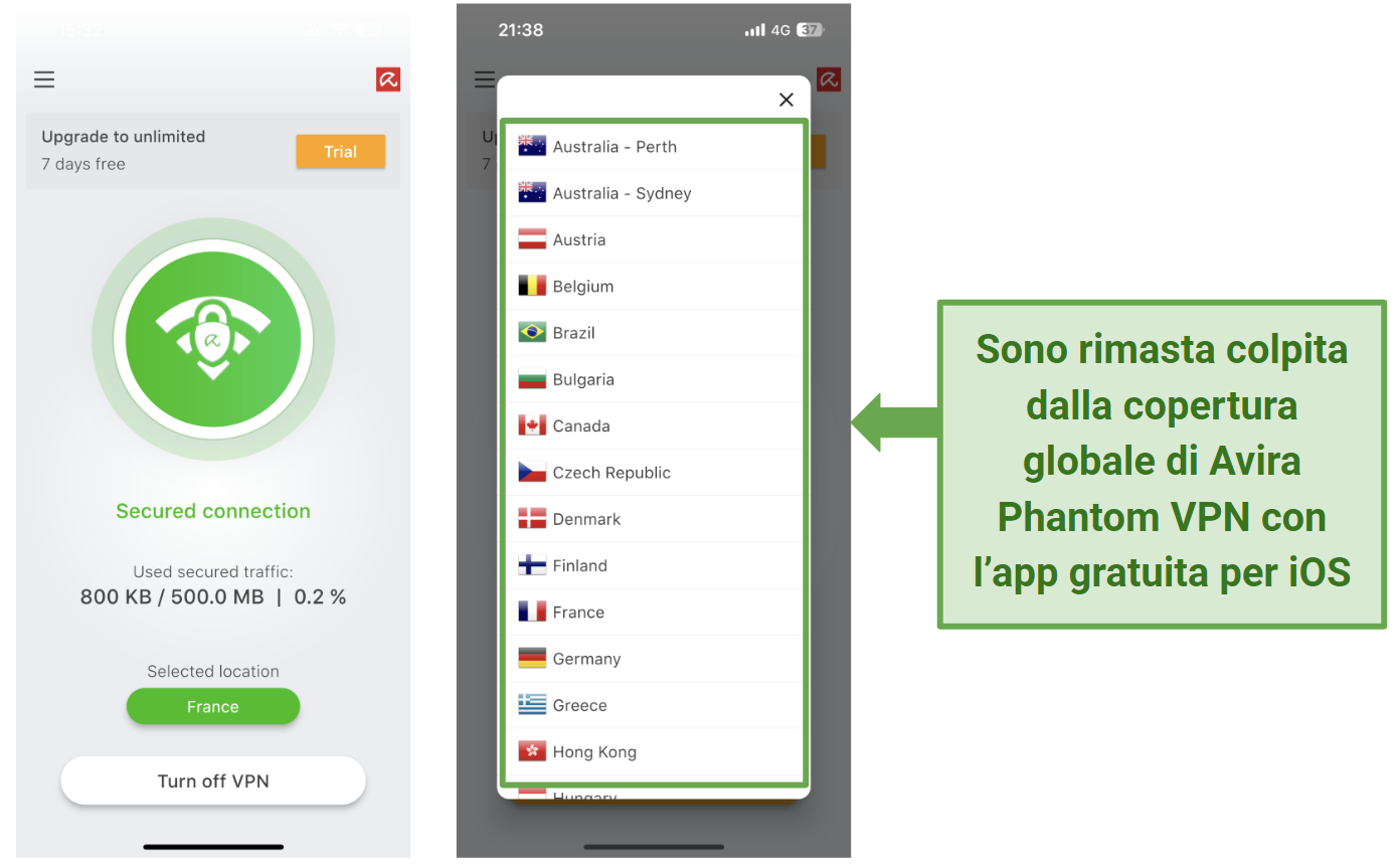 screenshot showing Avira Phantom VPN's server list in the app