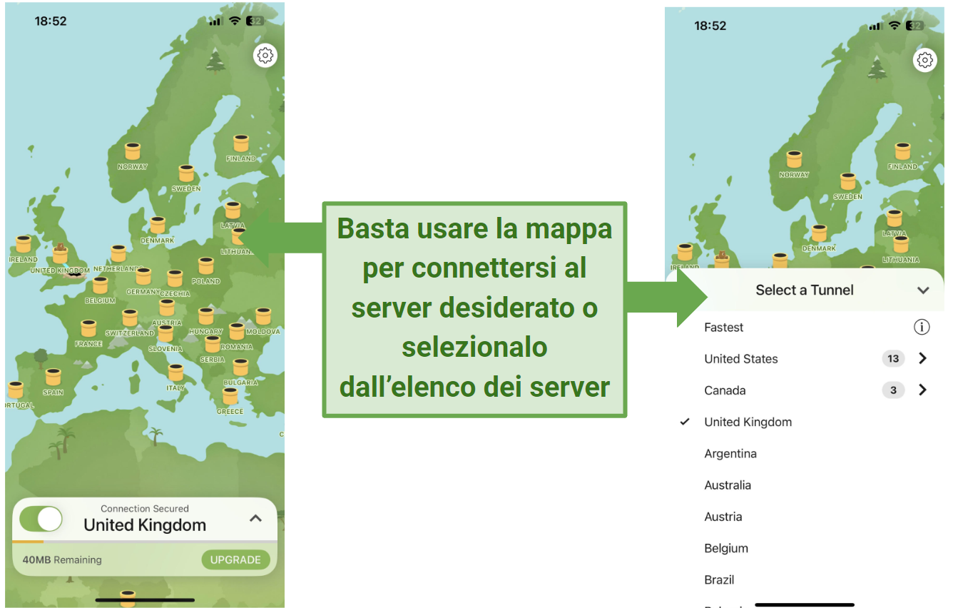 Screenshots of TunnelBear's server map and list