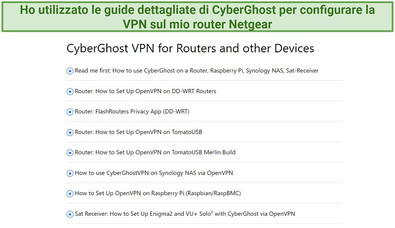 Screenshot che mostra un elenco delle guide alla configurazione di router CyberGhost