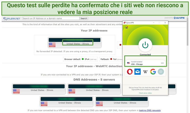 Screenshot of a leak test performed on ipleaknet while connected to ExpressVPN's Chicago server