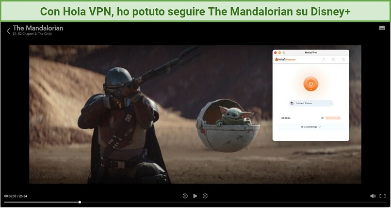 Screenshot of Disney+ player streaming The Mandalorian with HolaVPN
