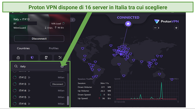 Screenshot of Proton VPN app while connected to Italy server