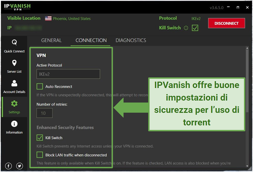 Graphic showing IPVanish security settings