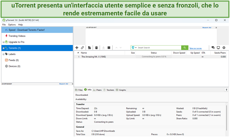 Screenshot dell’interfaccia utente di uTorrent, semplice e pulita