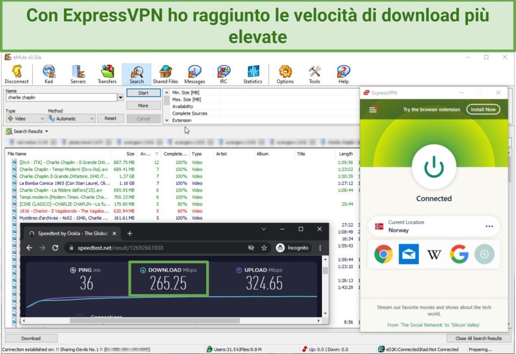 Screenshot of testing ExpressVPN download speeds with eMule