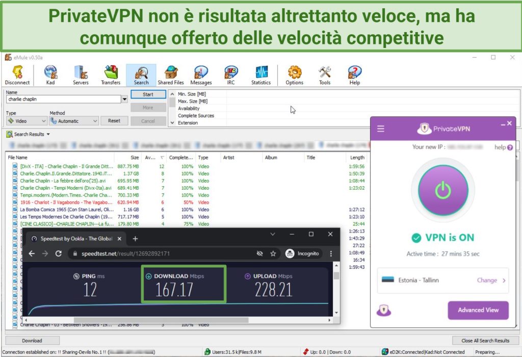 Screenshot of testing PrivateVPN download speeds with eMule