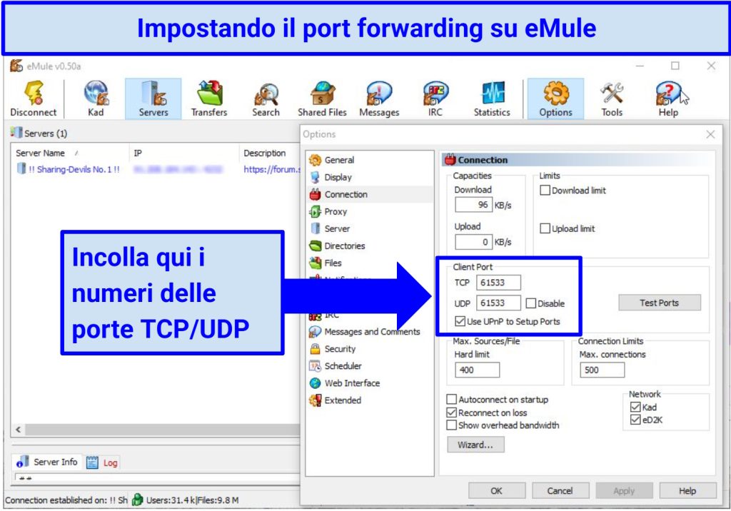 Graphic of UDP and TCP port forwarding settings in eMule Options