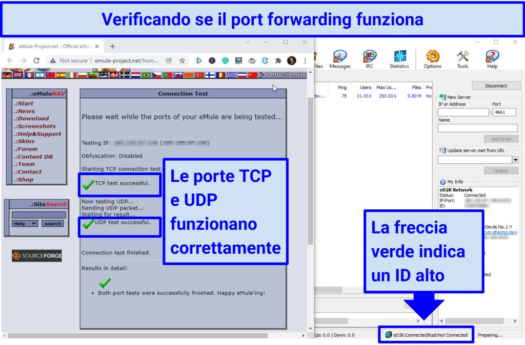 Graphic of testing whether TCP and UDP port forwarding is working on eMule